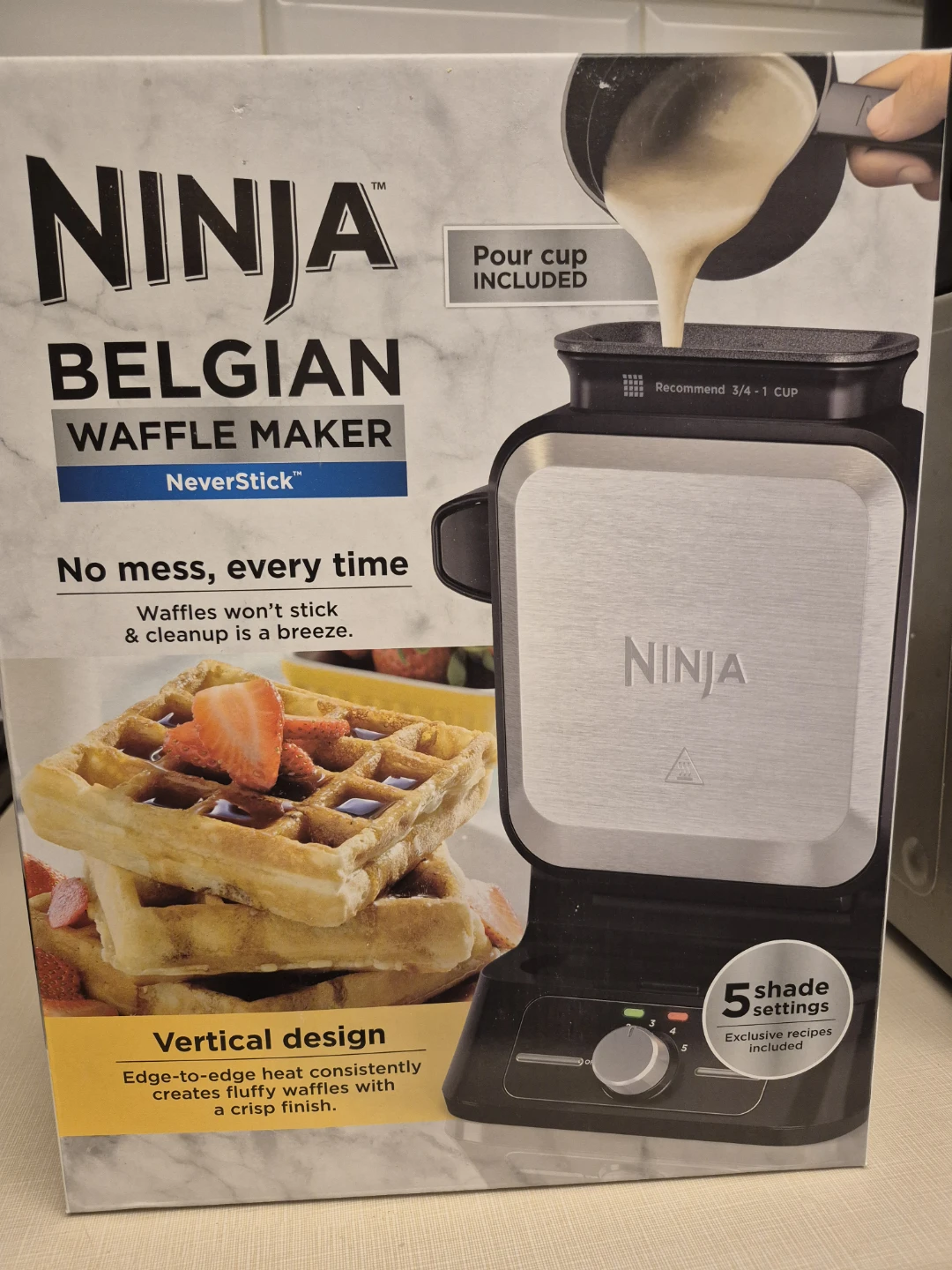 Brand New Ninja Belgian Waffle Maker NeverStick with pour cup