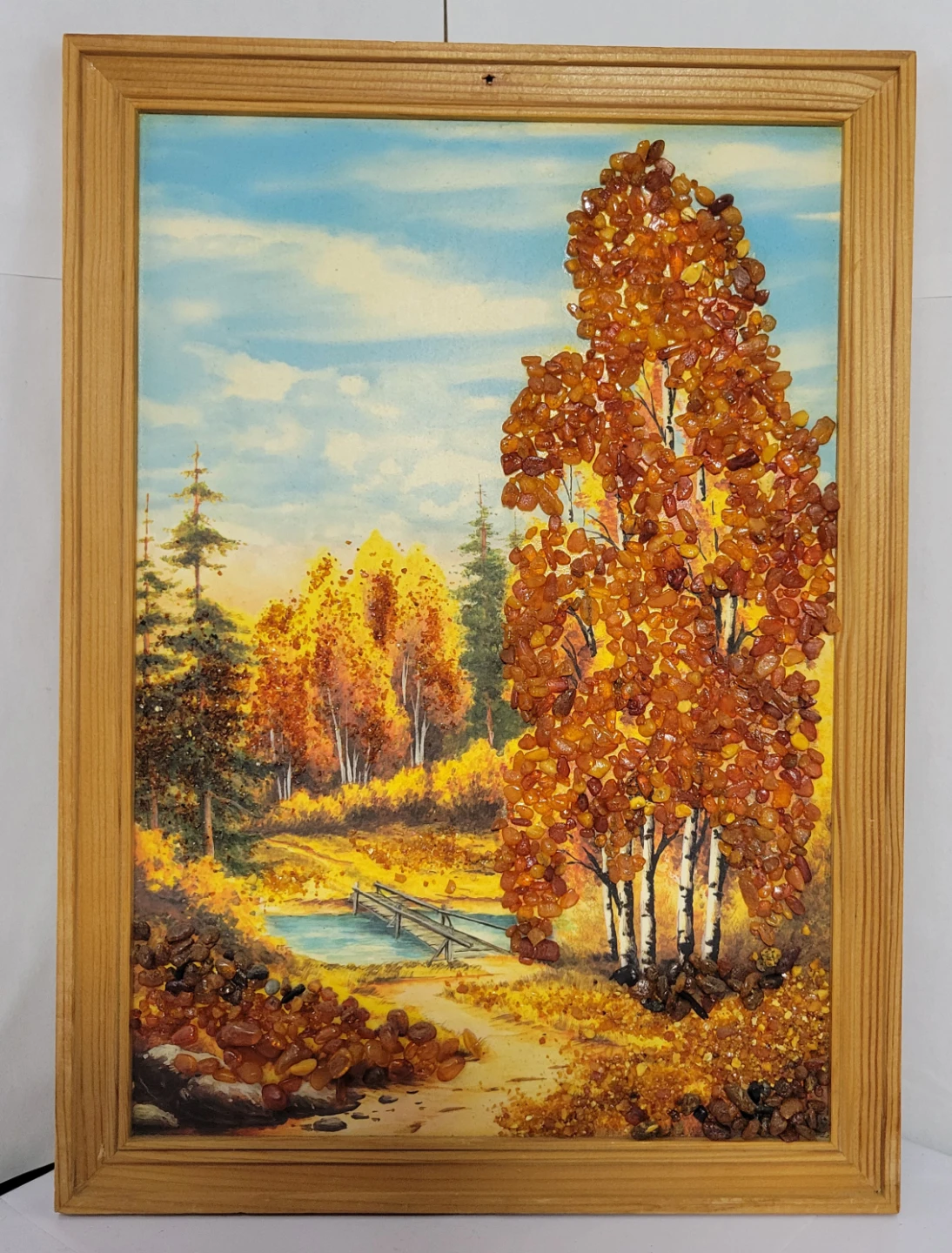 Framed Vintage Handmade USSR Amber Landscape Arts Set of 3 - photo 3