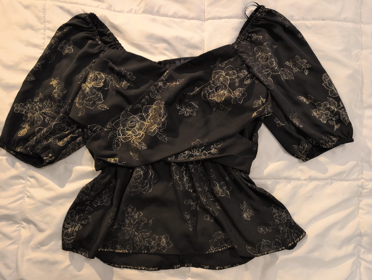 Eclair Black Floral Print Peplum Blouse - Size Medium