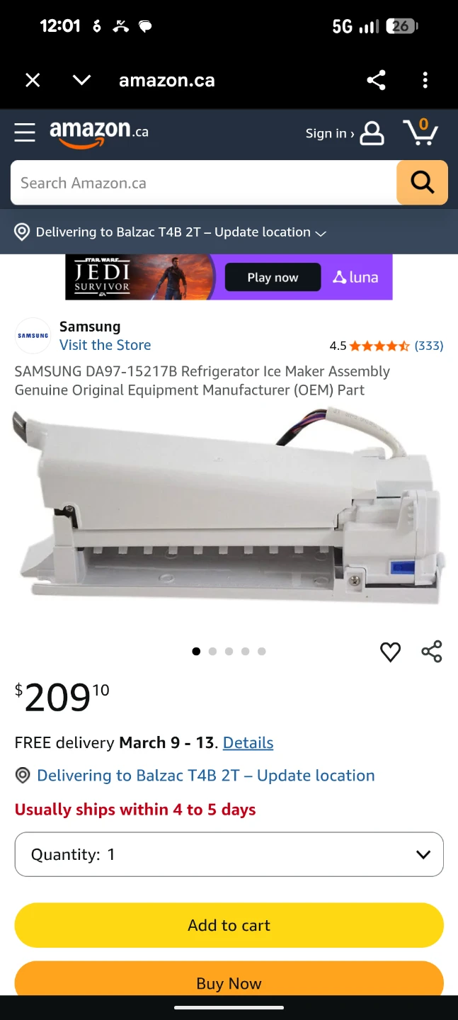 Samsung Refrigerator Ice Maker Assembly DA97-15217B