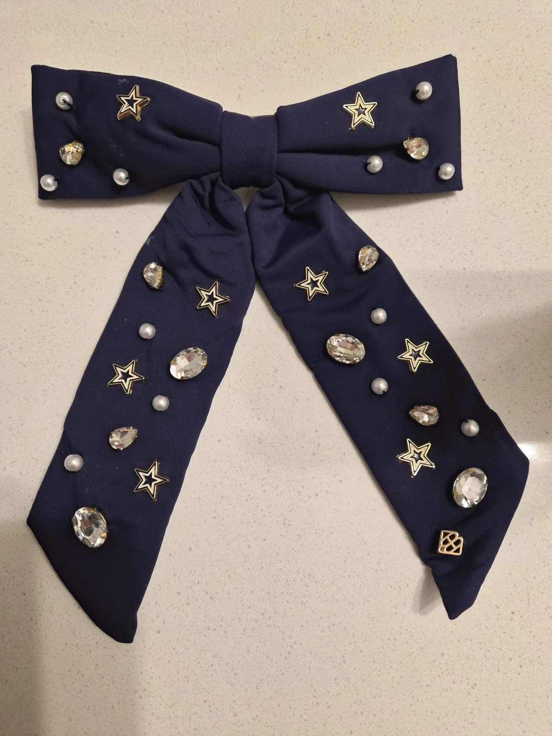 Navy Blue Bow Hair Clip with Stars and Rhinestones