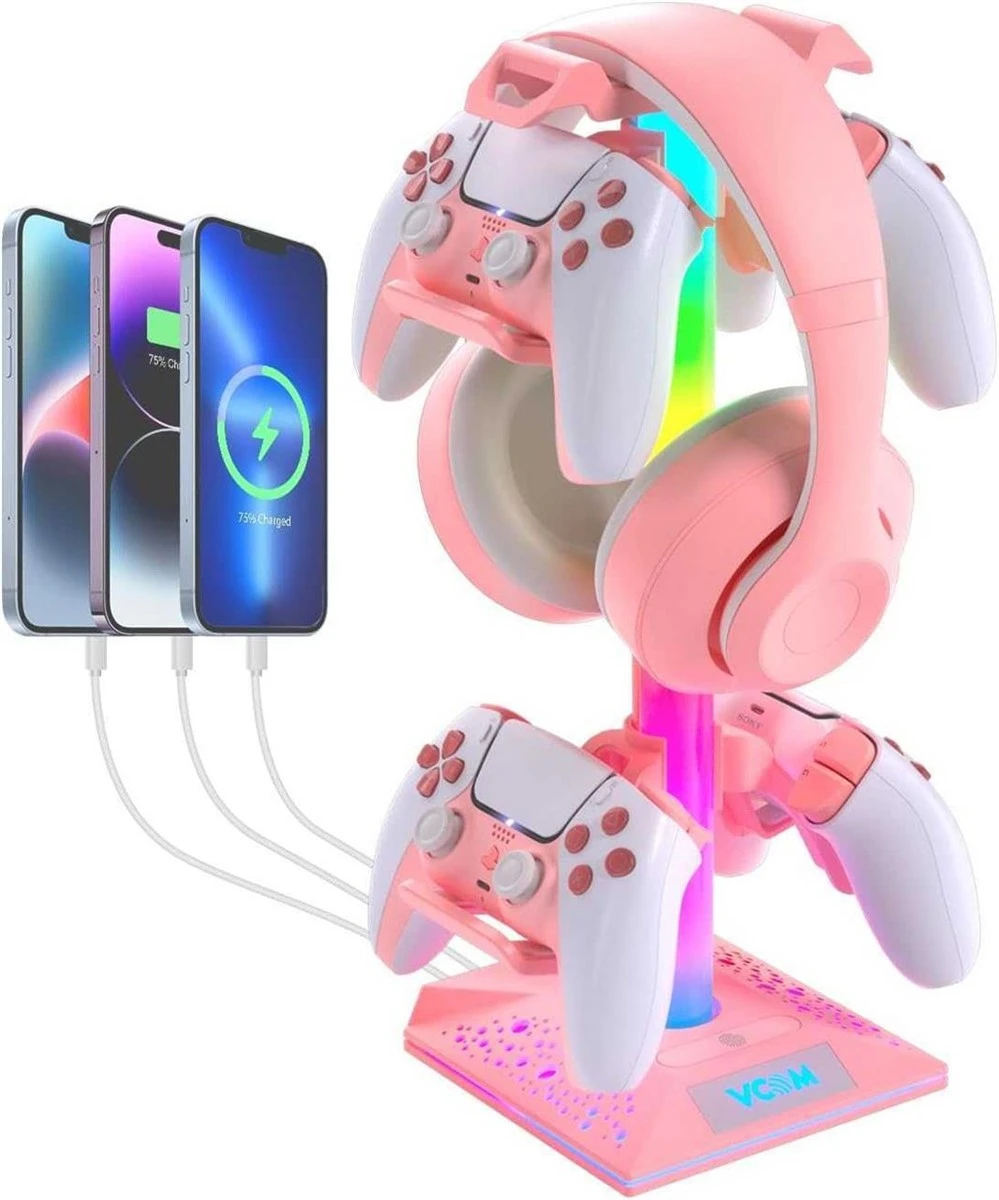 Pink Gaming Headset & Controller Charging Stand with lights