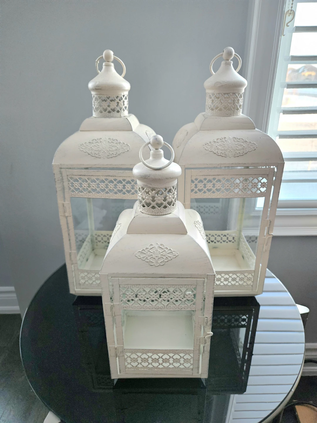 3 White Metal Lanterns