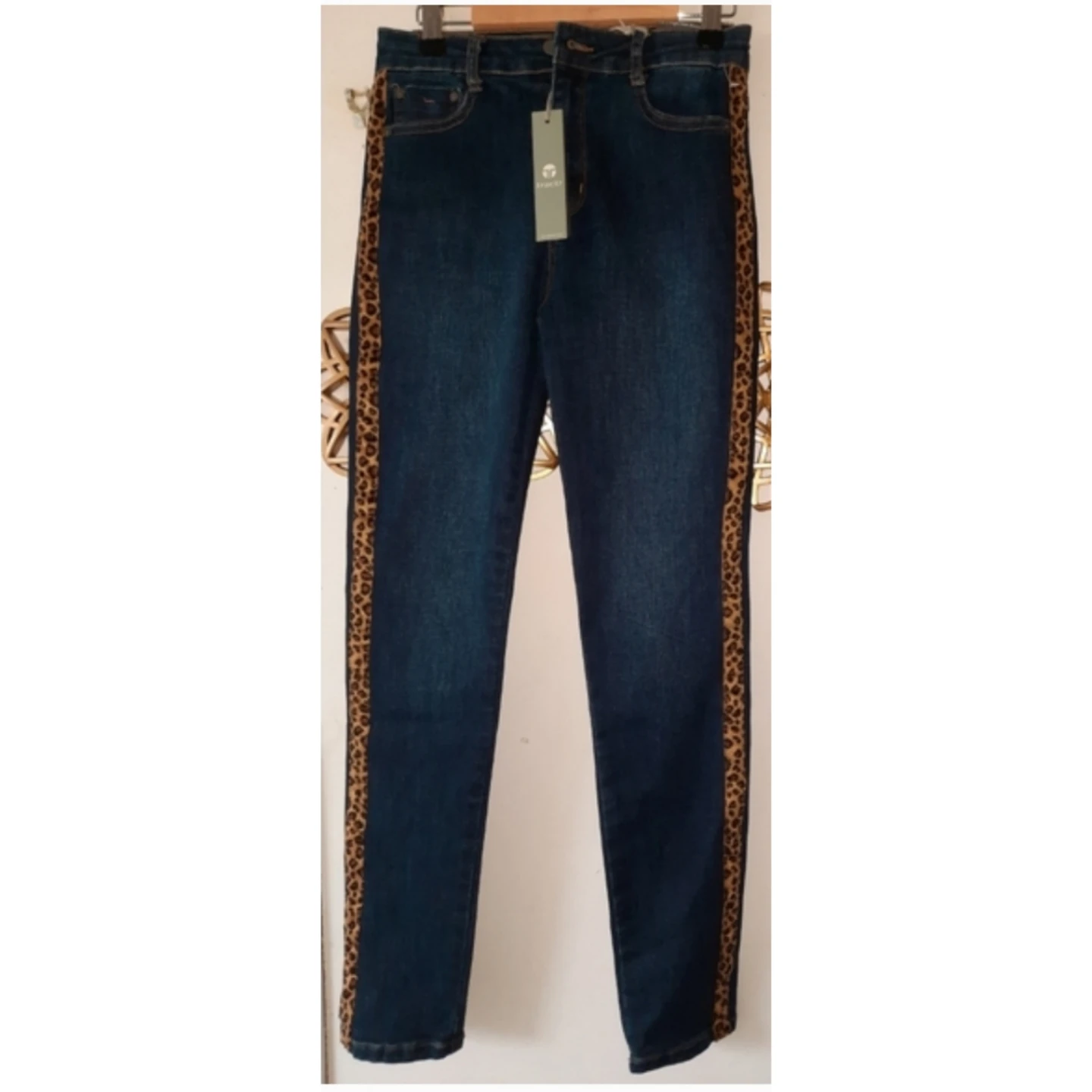 Petite Women's Blue Jeans with Leopard Print Side Stripes
