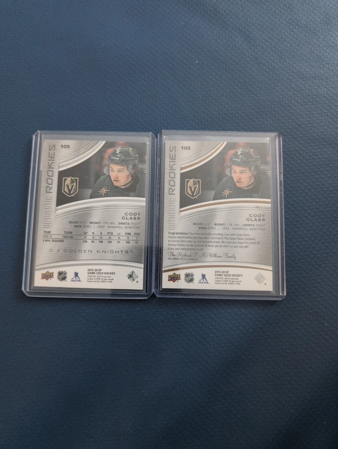 Cody Glass 2019-20 Upper Deck Authentic Rookies Game Used Jersey - photo 2