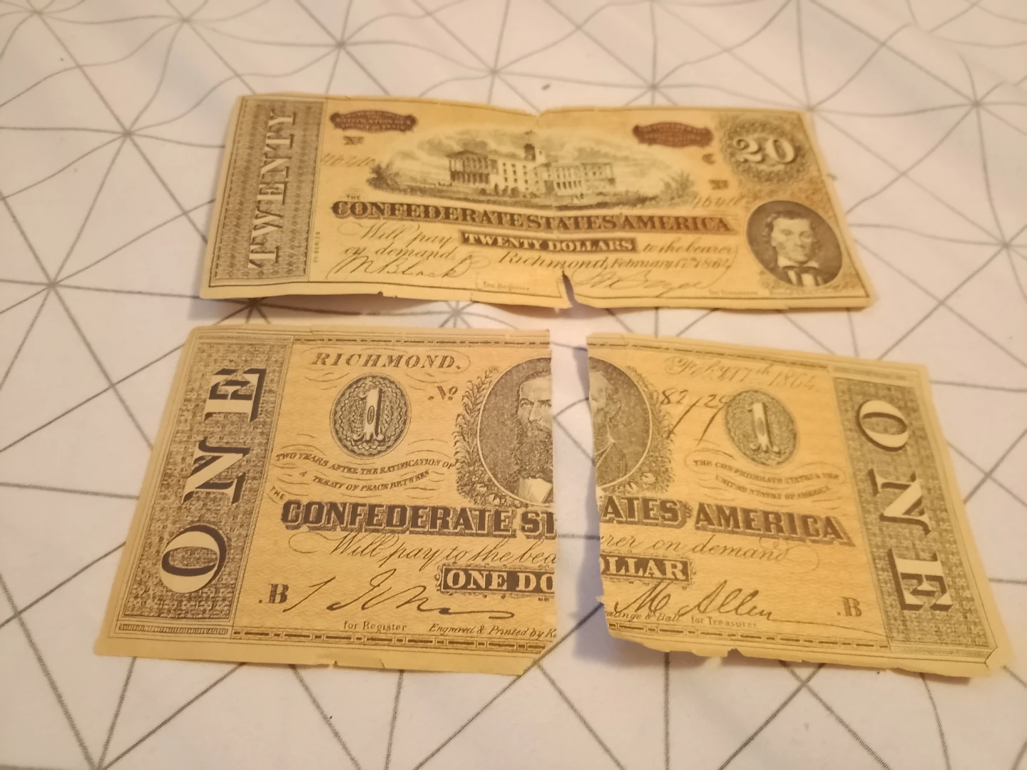 Confederate States of America $1 and $20 Notes