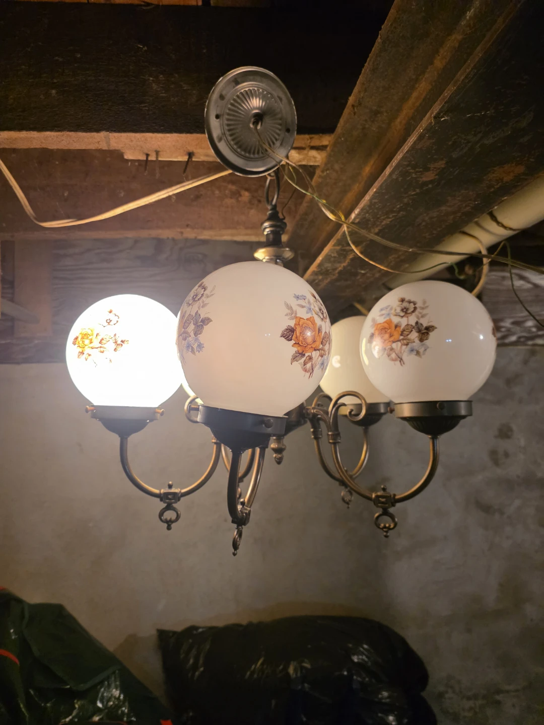 Vintage Chandelier with Floral Etched Glass Shades