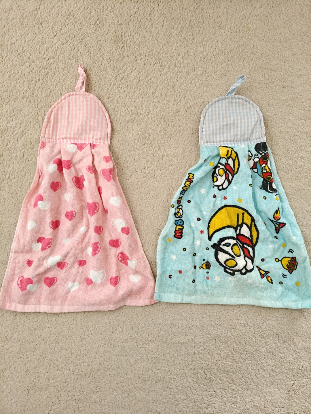 Hanging Hand Towels - Pink Hearts & Blue Cartoon
