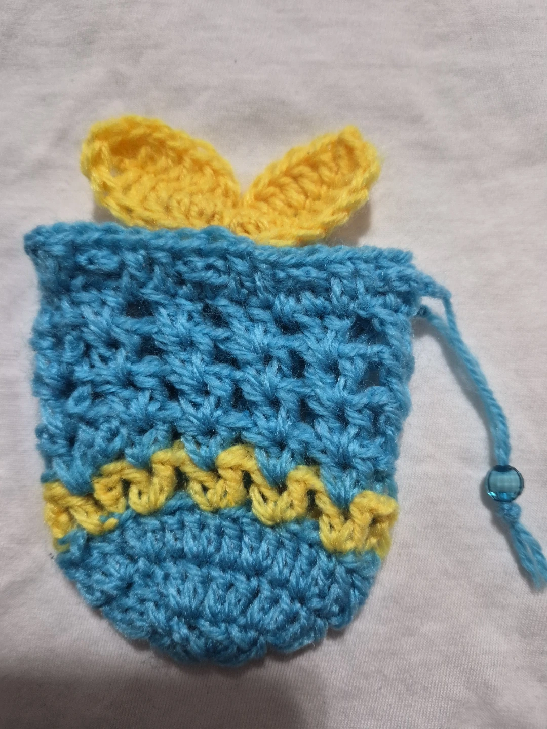 Hand-Crocheted Blue and Yellow Drawstring Pouch