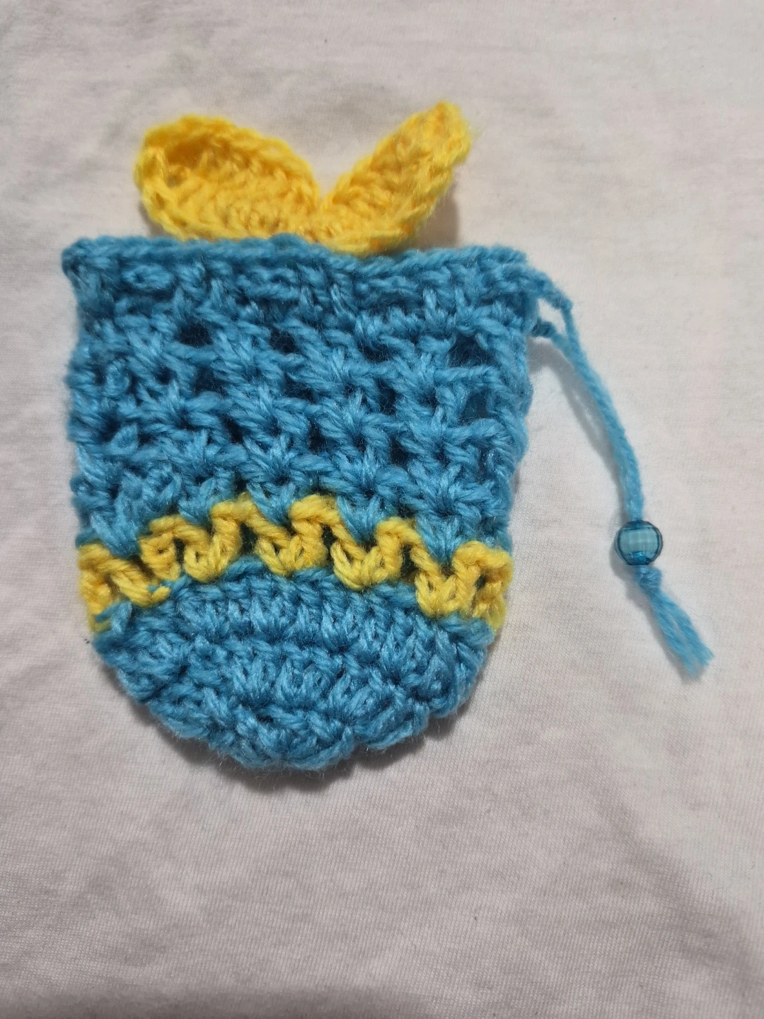 Hand-Crocheted Blue and Yellow Drawstring Pouch - photo 2