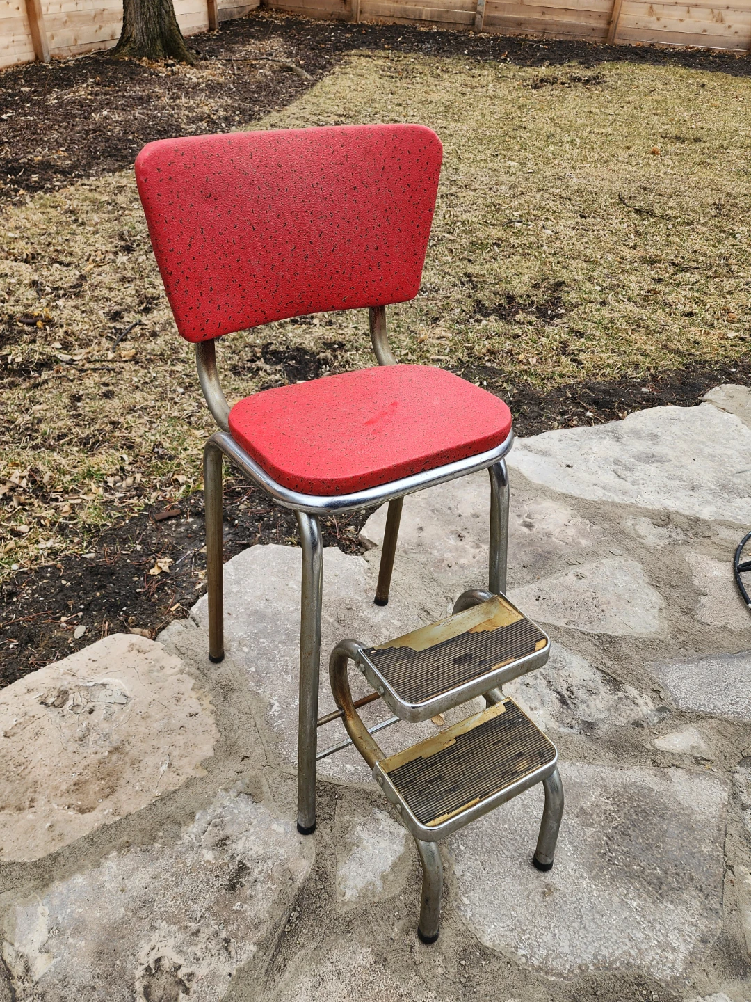 50's Vintage Cosco Red Studded Kitchen Step Stool/ Chair - MCM