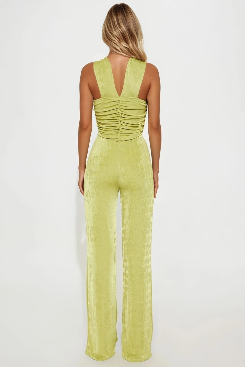 Lime Green Ruched Halter Neck Wide Leg Jumpsuit - photo 3