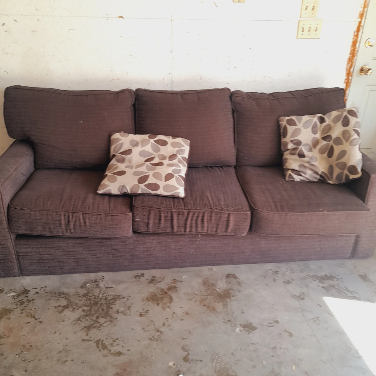 Brown Fabric Sofa with Decorative Pillows