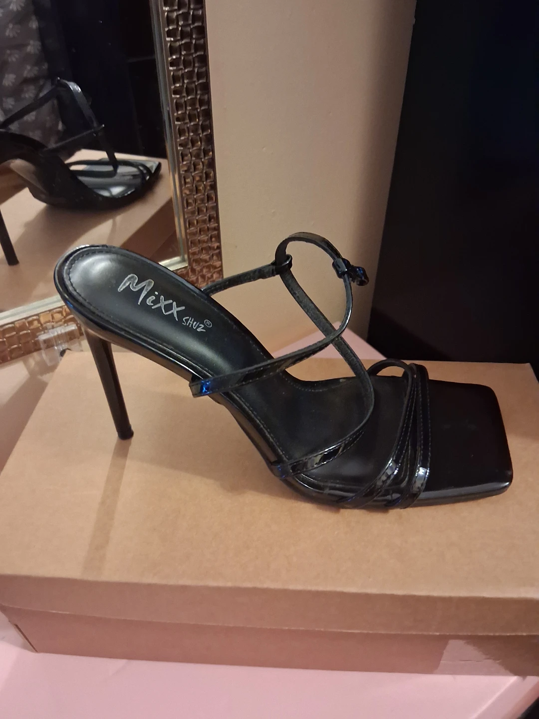 Mixx Shuz Black Patent Strappy High Heel Sandals