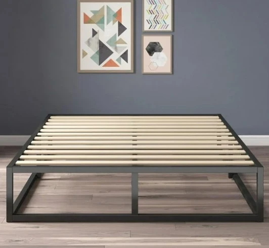 King Size Metal Platform Bed Frame with Wood Slats and Mattress