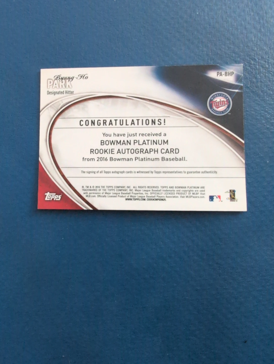 Byung-Ho Park 2016 Bowman Platinum Rookie Autograph Card - photo 2