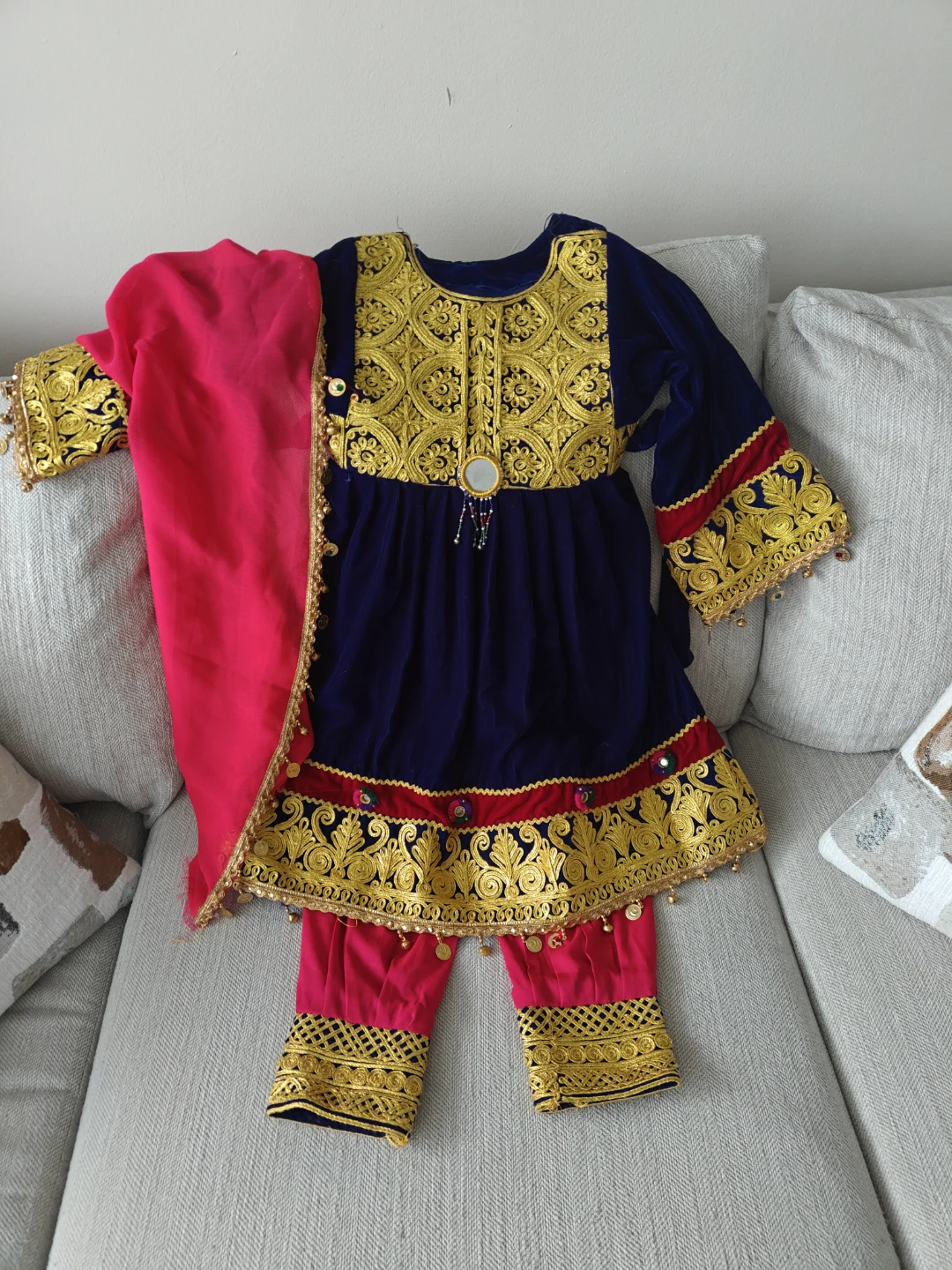 Girls Embroidered Velvet Afghan  Dress with Pants and Scarf