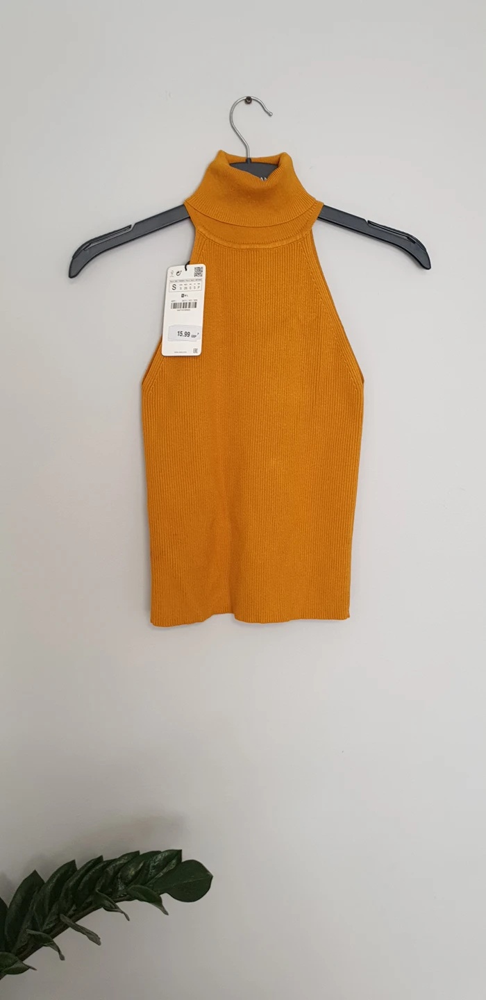 Zara Mustard Yellow Ribbed Mock Neck Halter Top Size S - photo 2