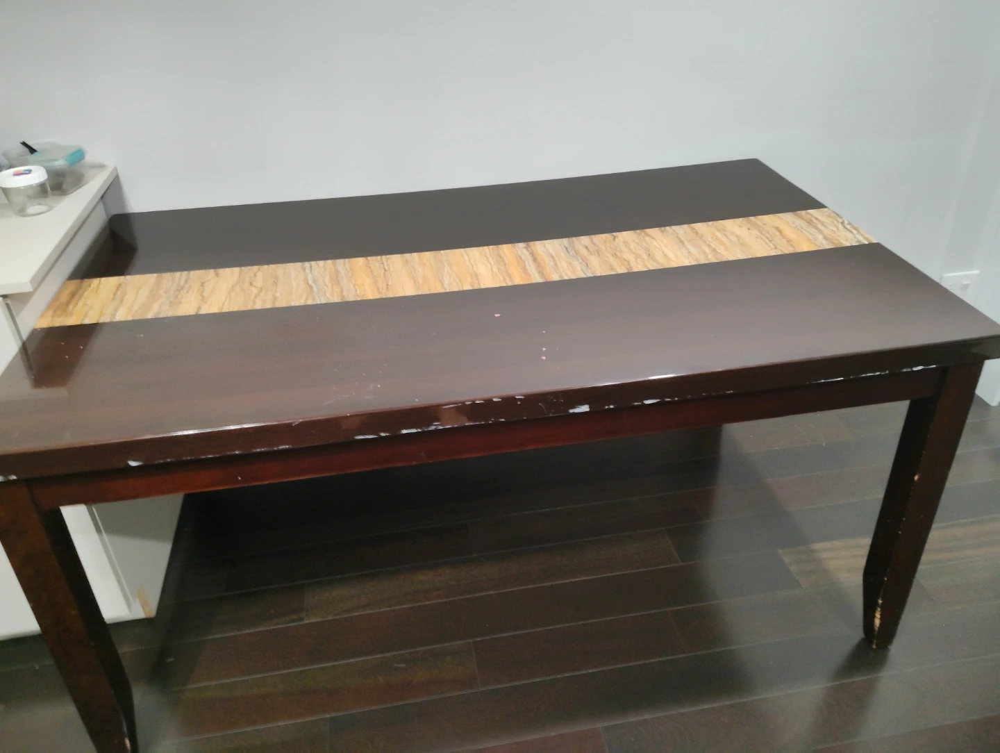 Dark Wood Dining Table with Marble Inlay