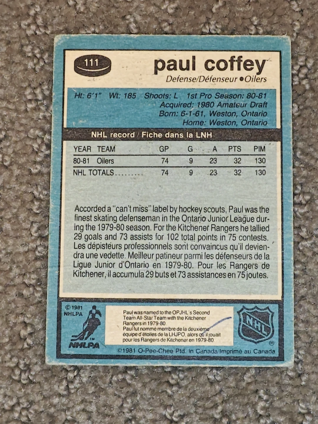 1981-82 O-Pee-Chee OPC 111 Paul Coffey Rookie Edmonton Oilers - photo 2