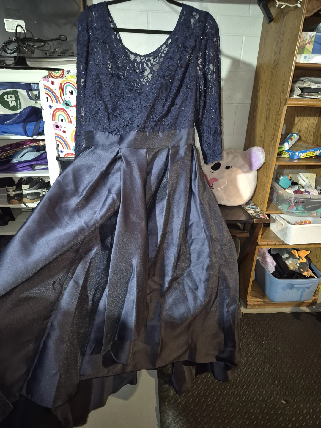 Navy Lace Sequined Hi/Lo Gown