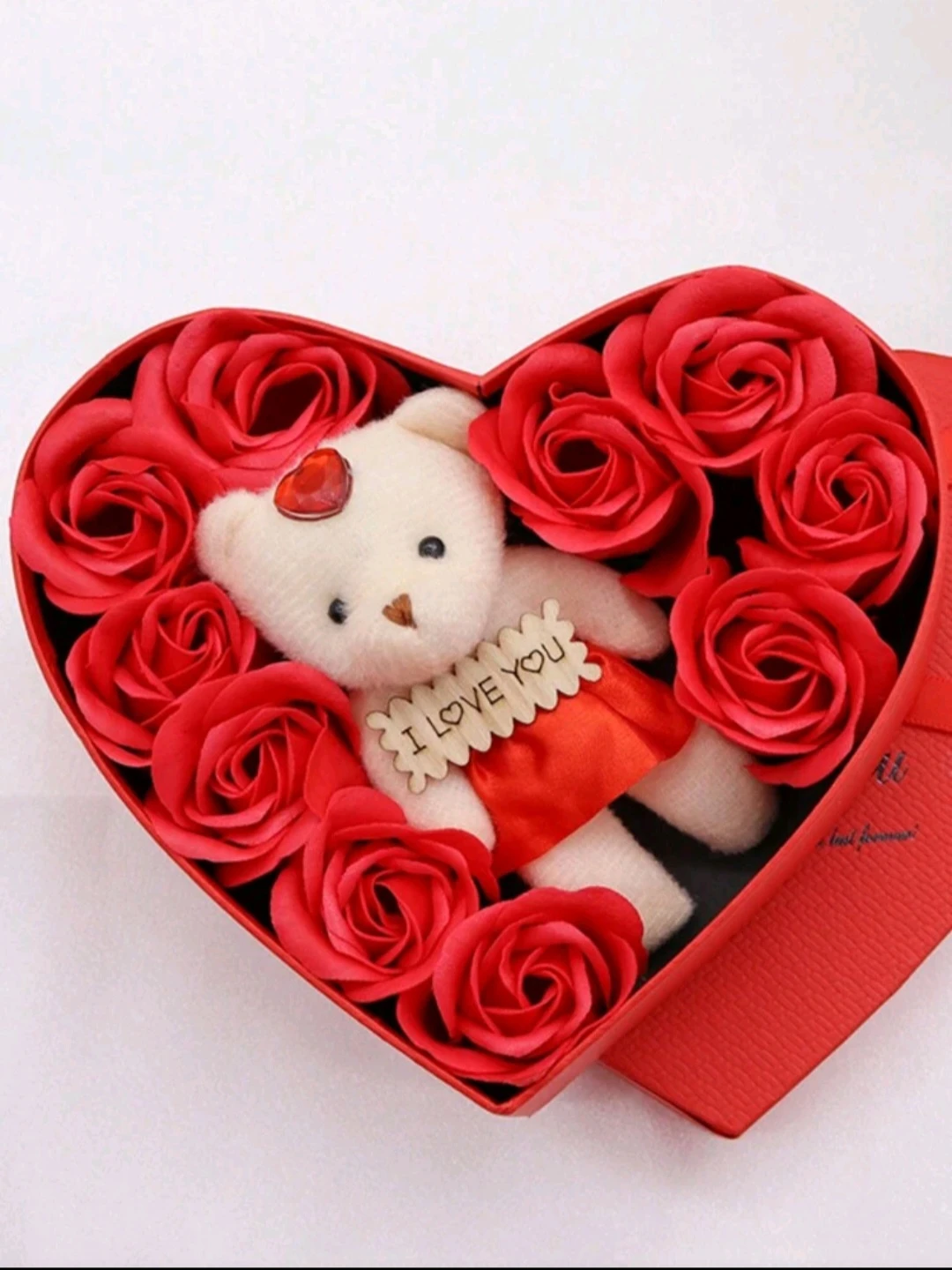 Red Heart Shaped Gift Box with Teddy Bear and Roses