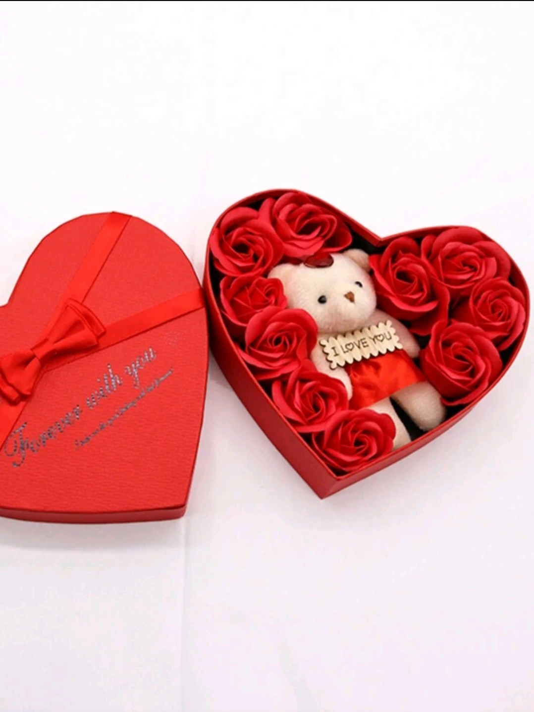 Red Heart Shaped Gift Box with Teddy Bear and Roses - photo 2