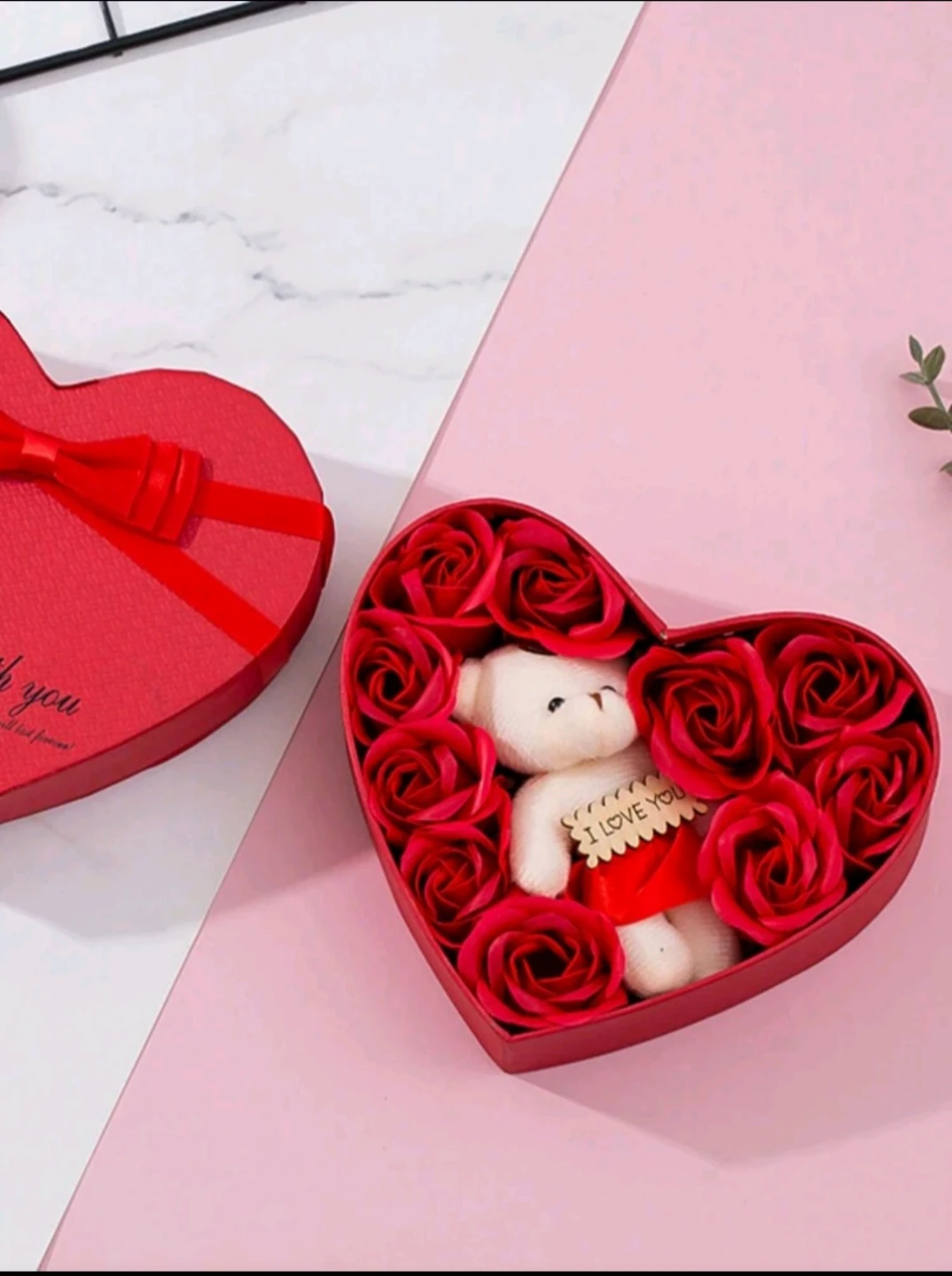 Red Heart Shaped Gift Box with Teddy Bear and Roses - photo 4