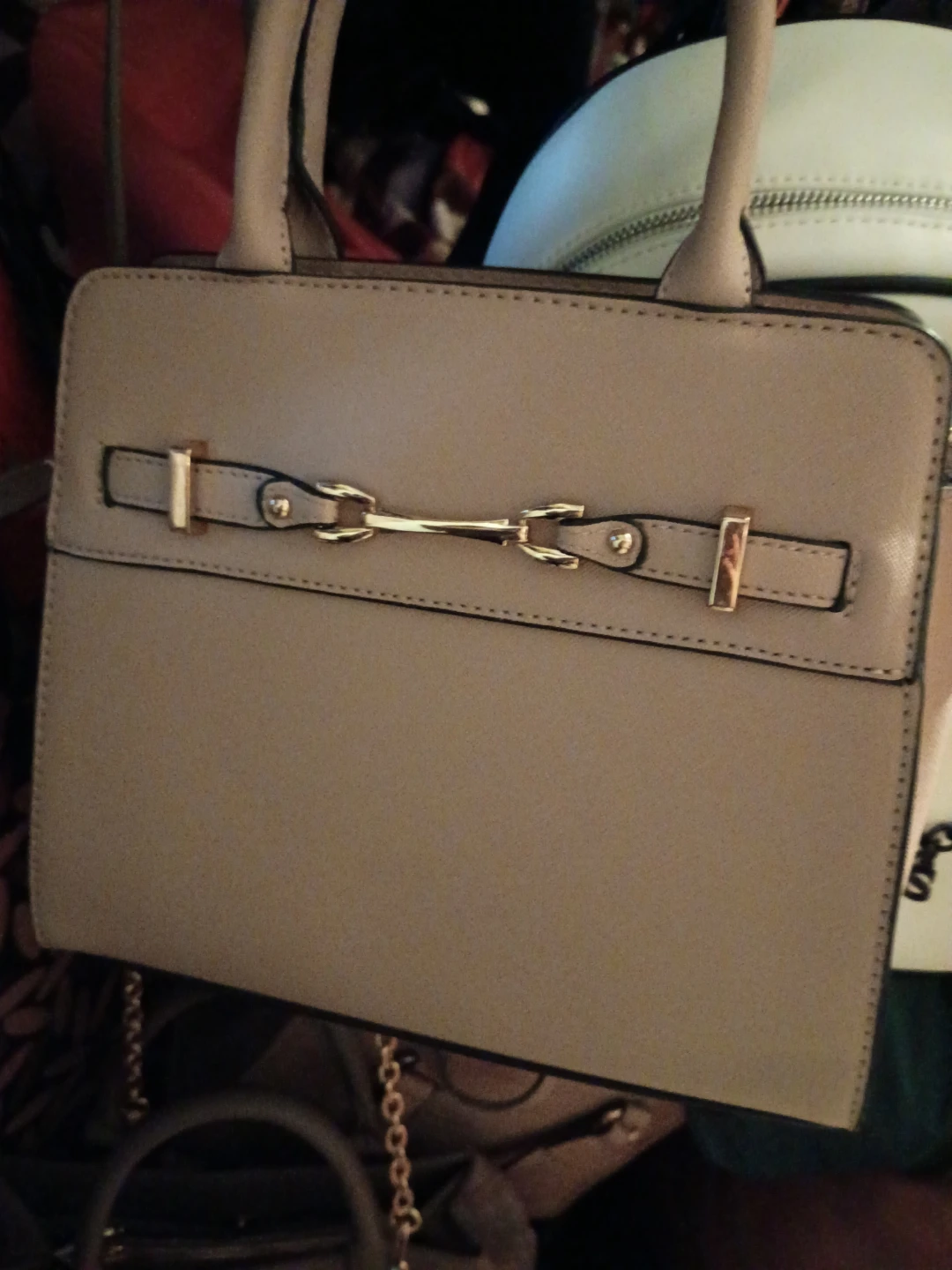 Tan Structured Top Handle Bag with Gold Buckle Detail