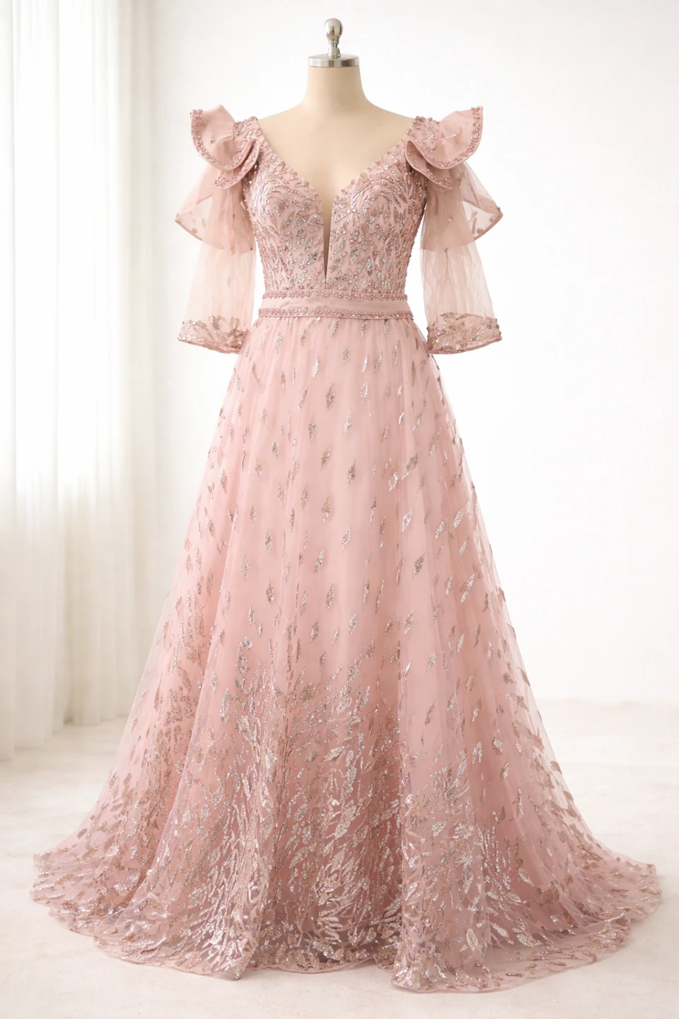Pink Embellished Tulle Gown with Flutter Sleeves