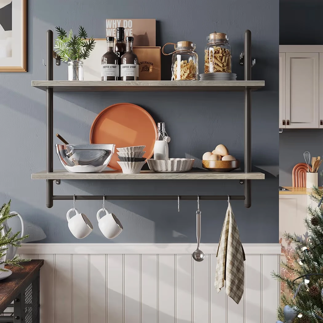 2-Tier Wall Shelf with Hanging Bar