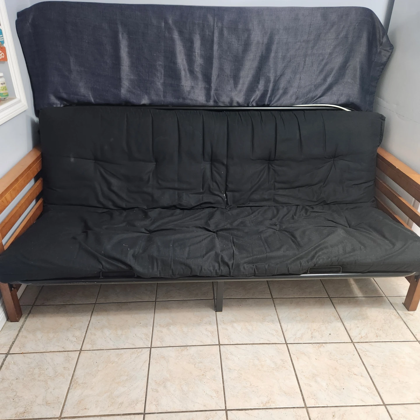 Wooden Futon Frame with Black Mattress