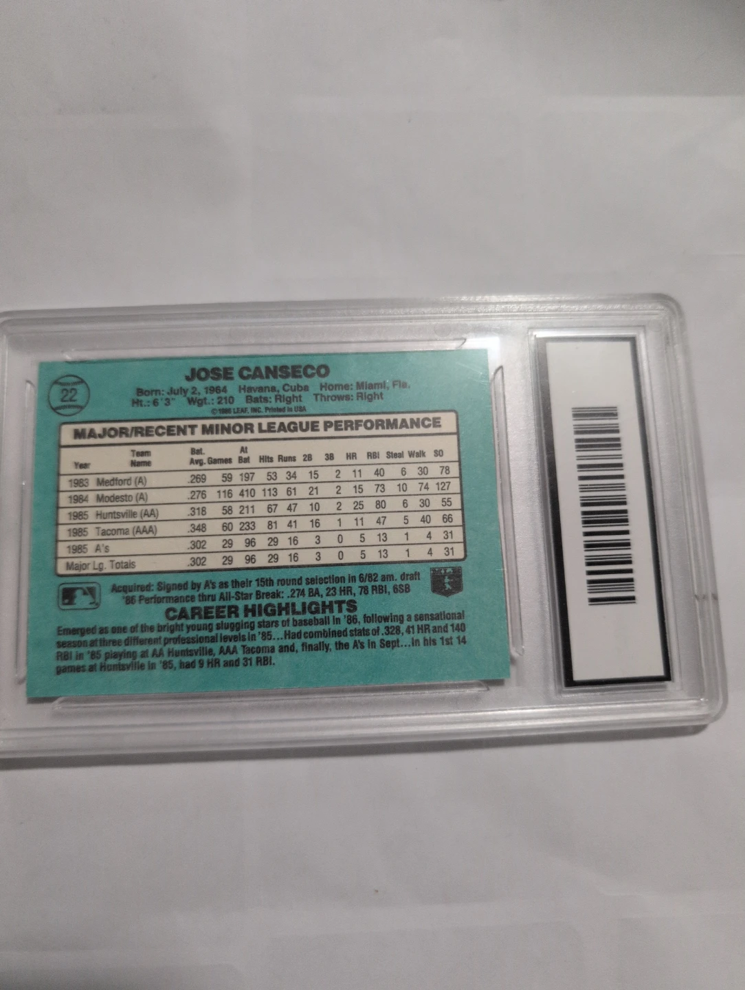 1986 Donruss The Rookies Jose Canseco Baseball Card - GMA 8.5 - photo 3