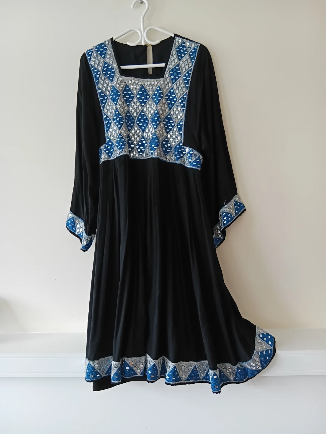 Black Dress with Blue and Silver Embroidery