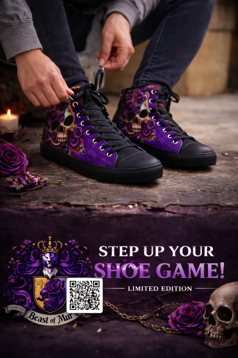 Limited Edition Mur Brand Skull & Roses High-Top Sneakers