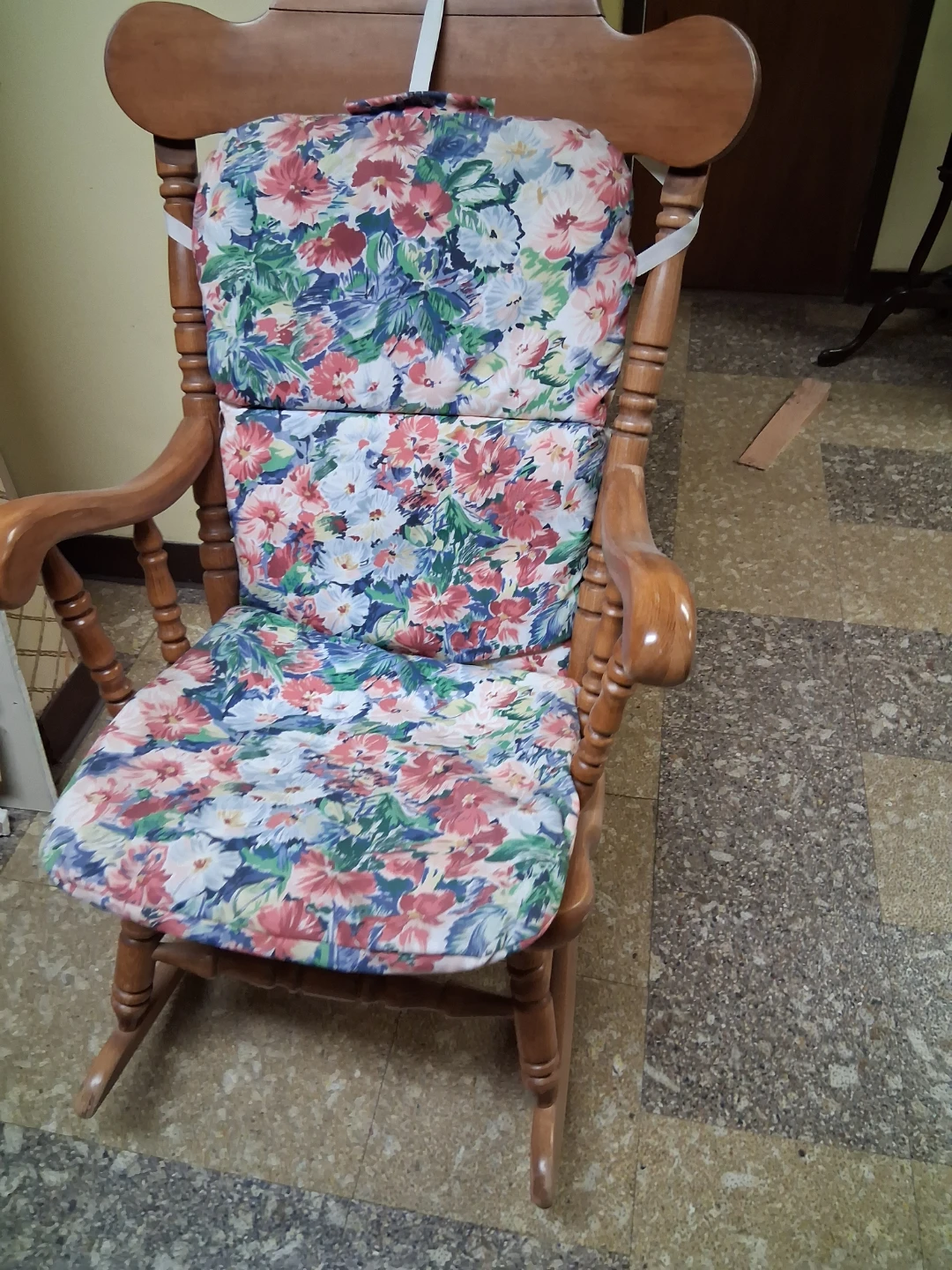 Wooden Rocking Chair with Floral Cushions