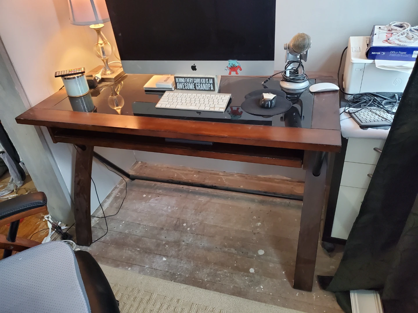 Wooden Desk with Glass Top & Keyboard Tray