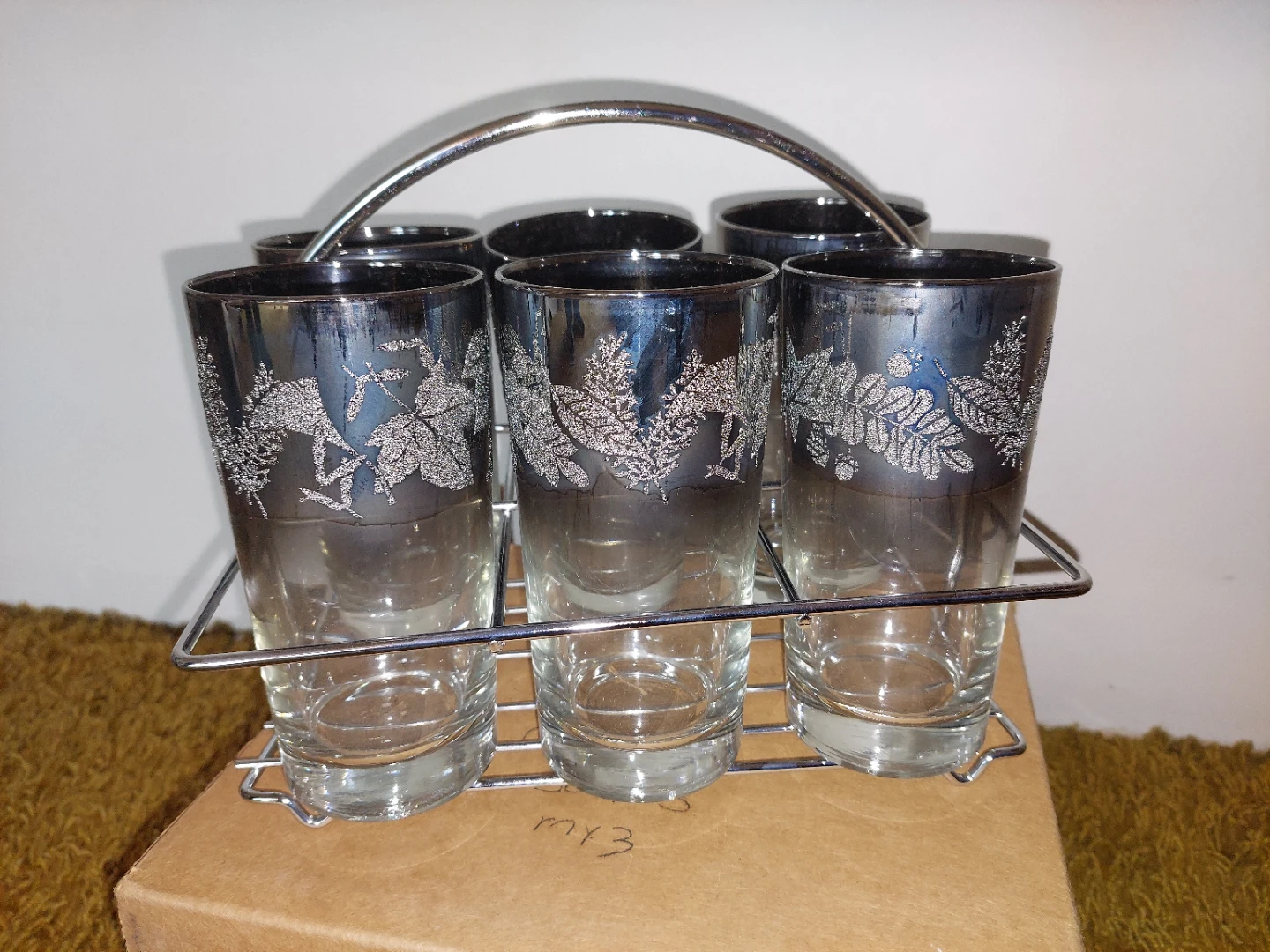 Set of 6 Vintage Tumbler Glasses with Metal Caddy