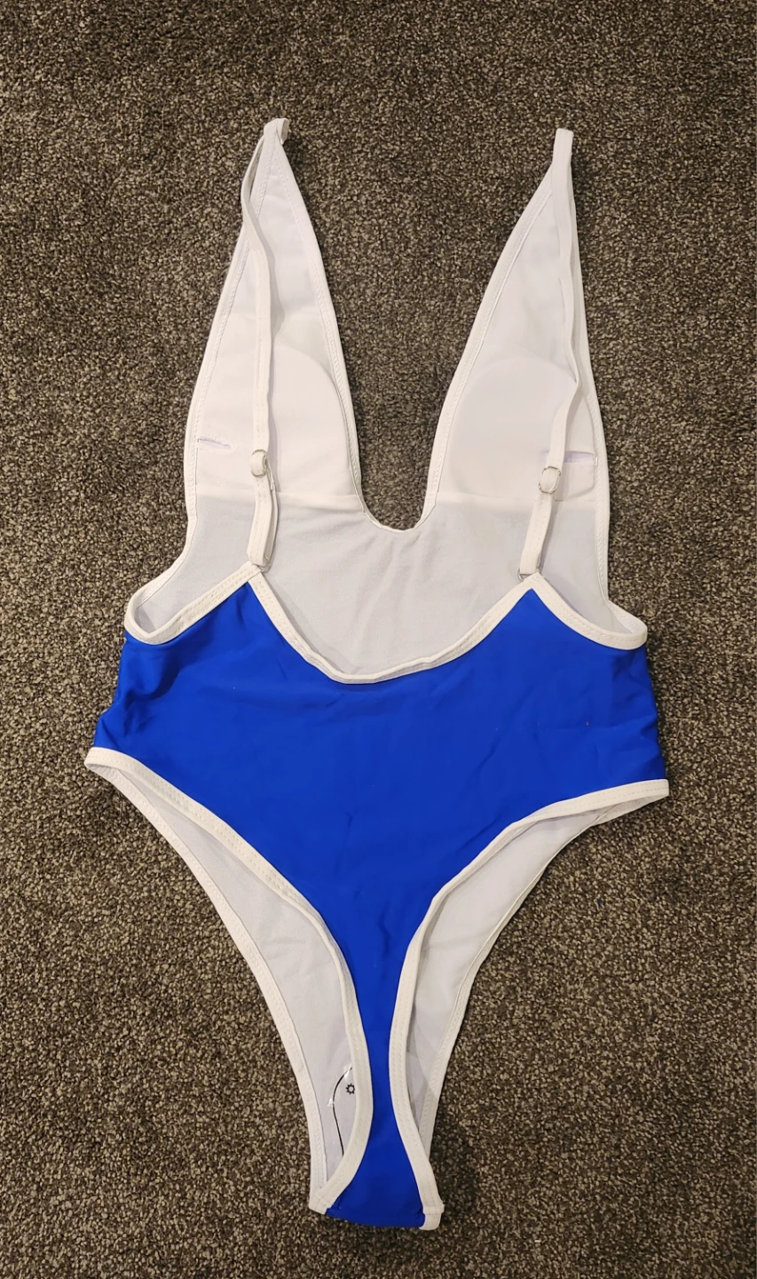 Blue one-piece swimsuit with white trim- Size small - photo 3