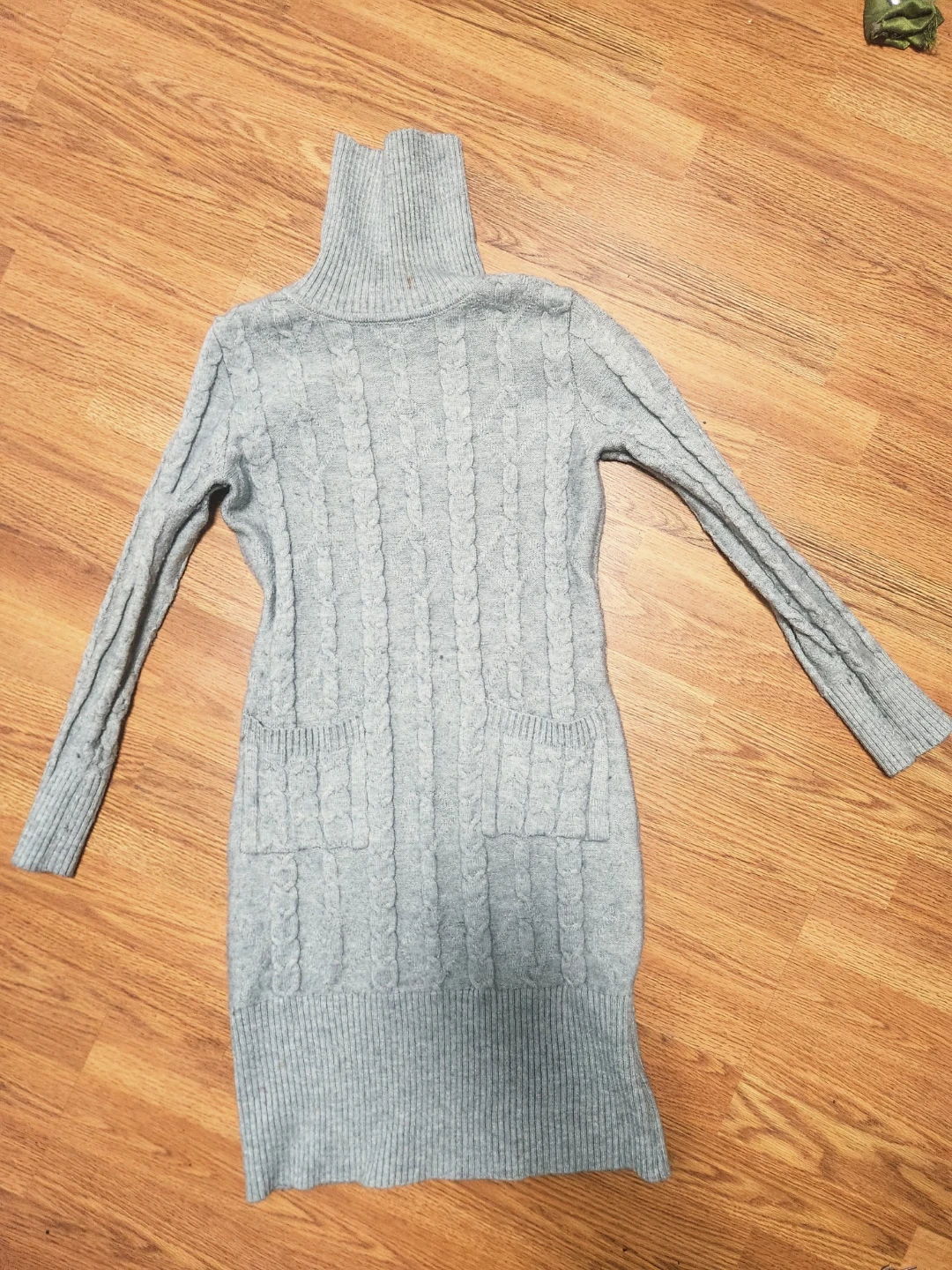 Grey Cable Knit Turtleneck Sweater Dress with Pockets