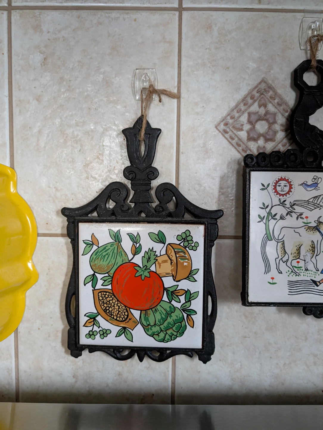 Pair of Vintage Midcentury Cast Iron and Tile Kitchen Trivets