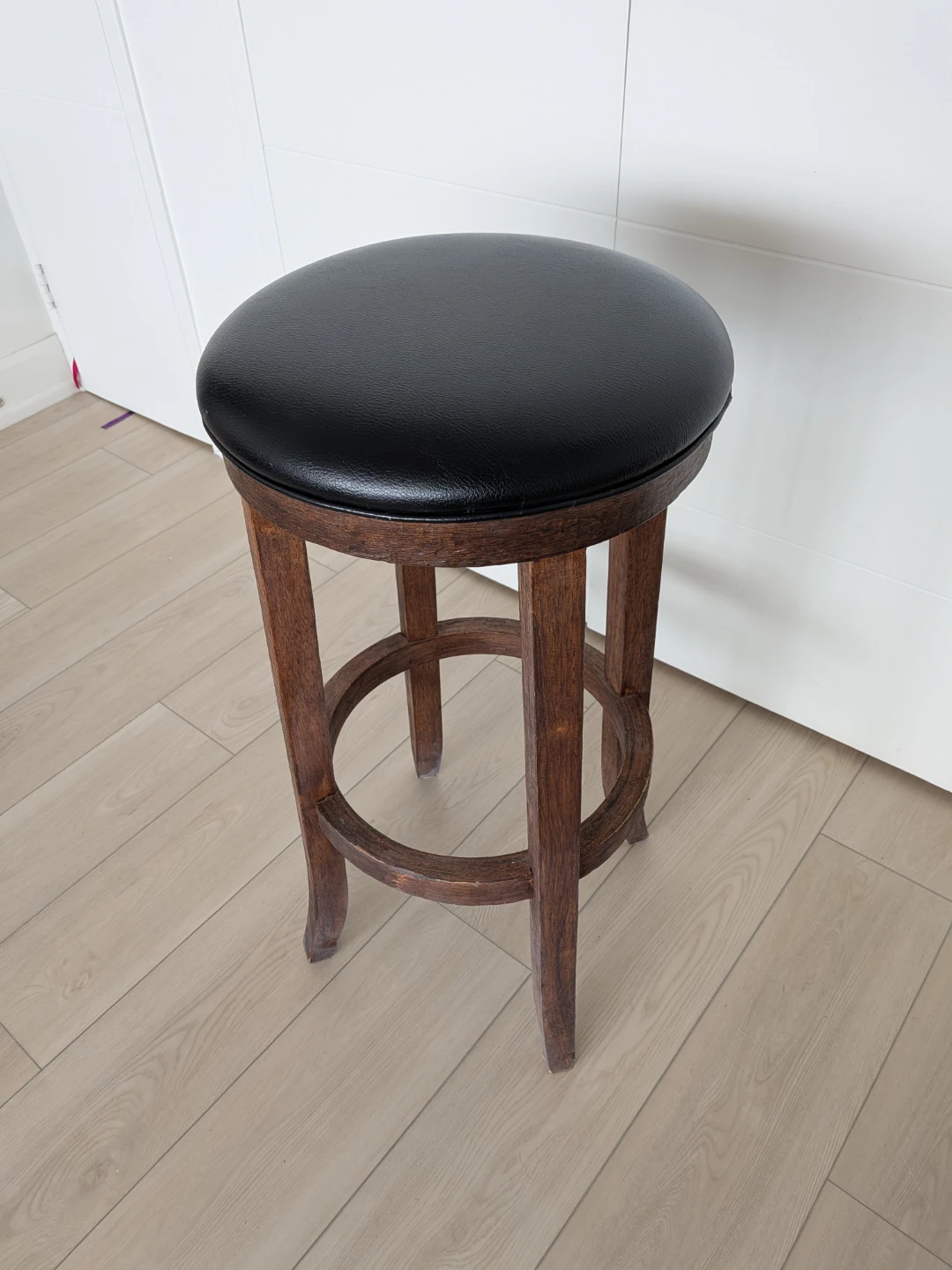 Wooden Bar Stool with Black Faux Leather Seat