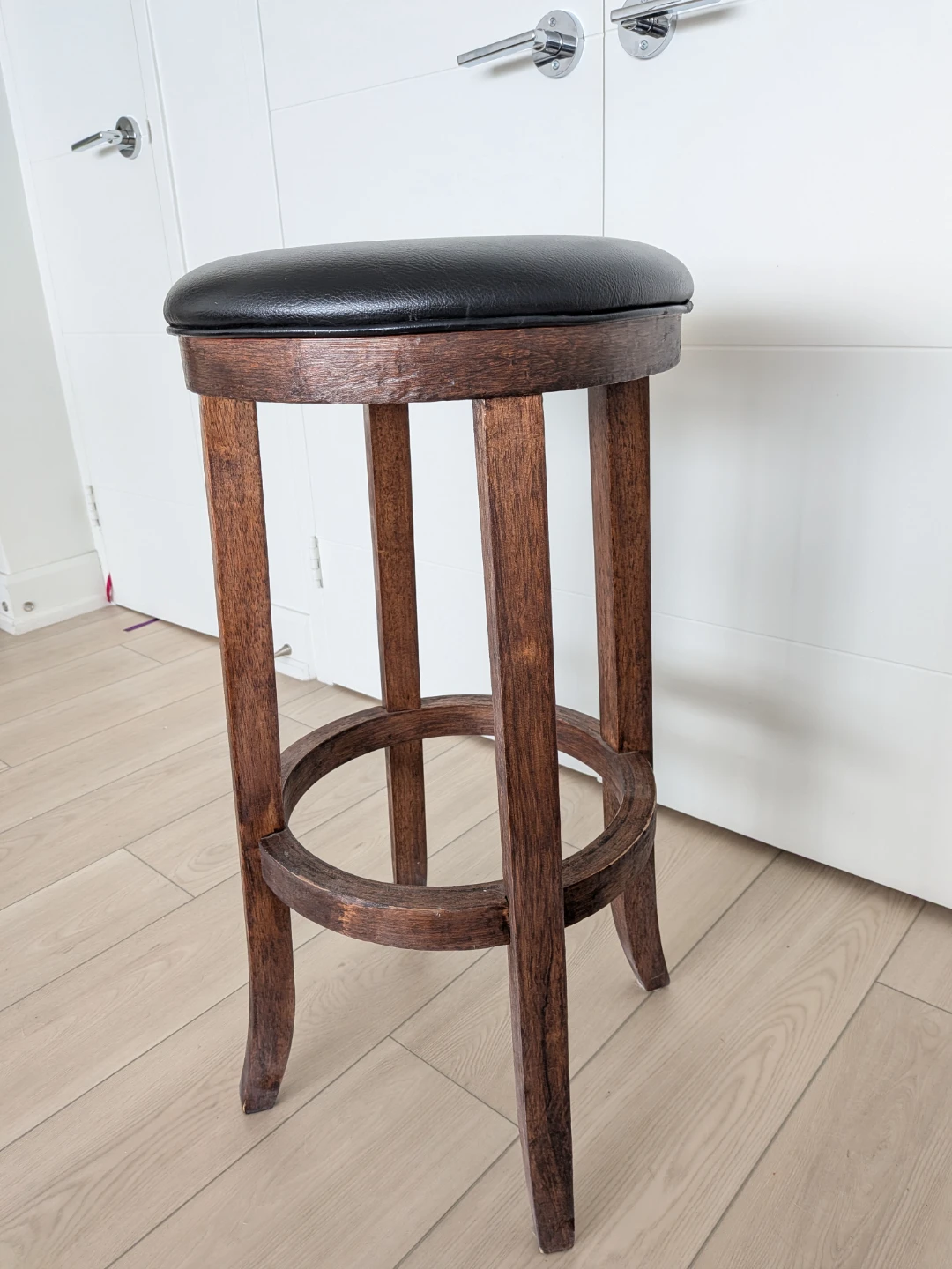 Wooden Bar Stool with Black Faux Leather Seat - photo 3