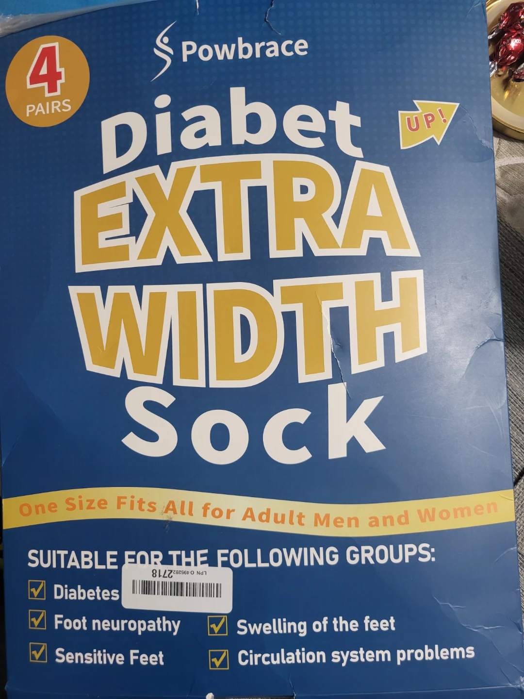 Powbrace Diabet Extra Width Sock - 4 Pairs - One Size Fits All