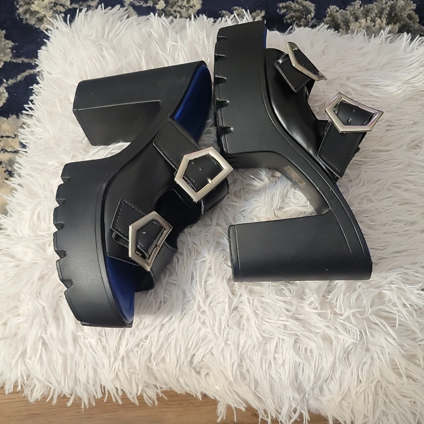 Black Chunky Platform Sandals with Buckles