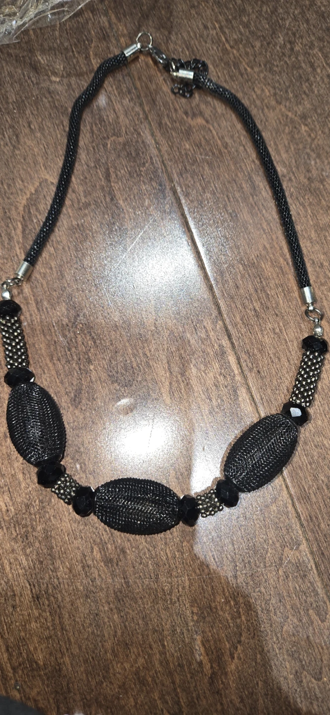 Black Statement Necklace with Oval Mesh Beads