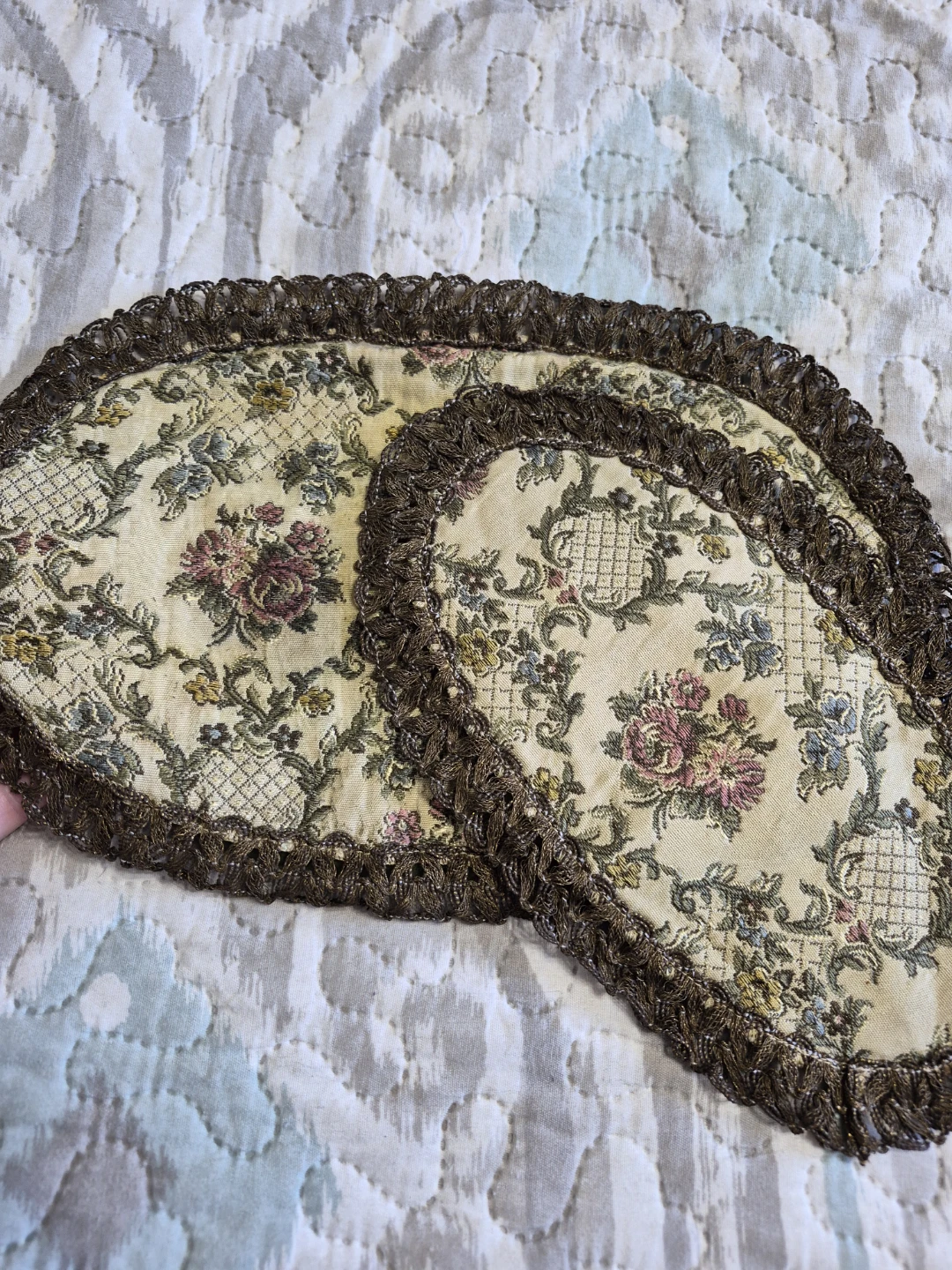 Pair of Vintage Oval Tapestry Doilies with Lace Trim