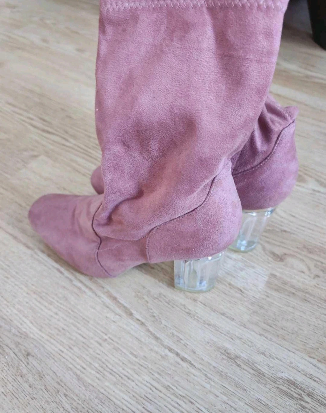 Pink Suede-like Ankle Boots with Clear Block Heels - photo 2