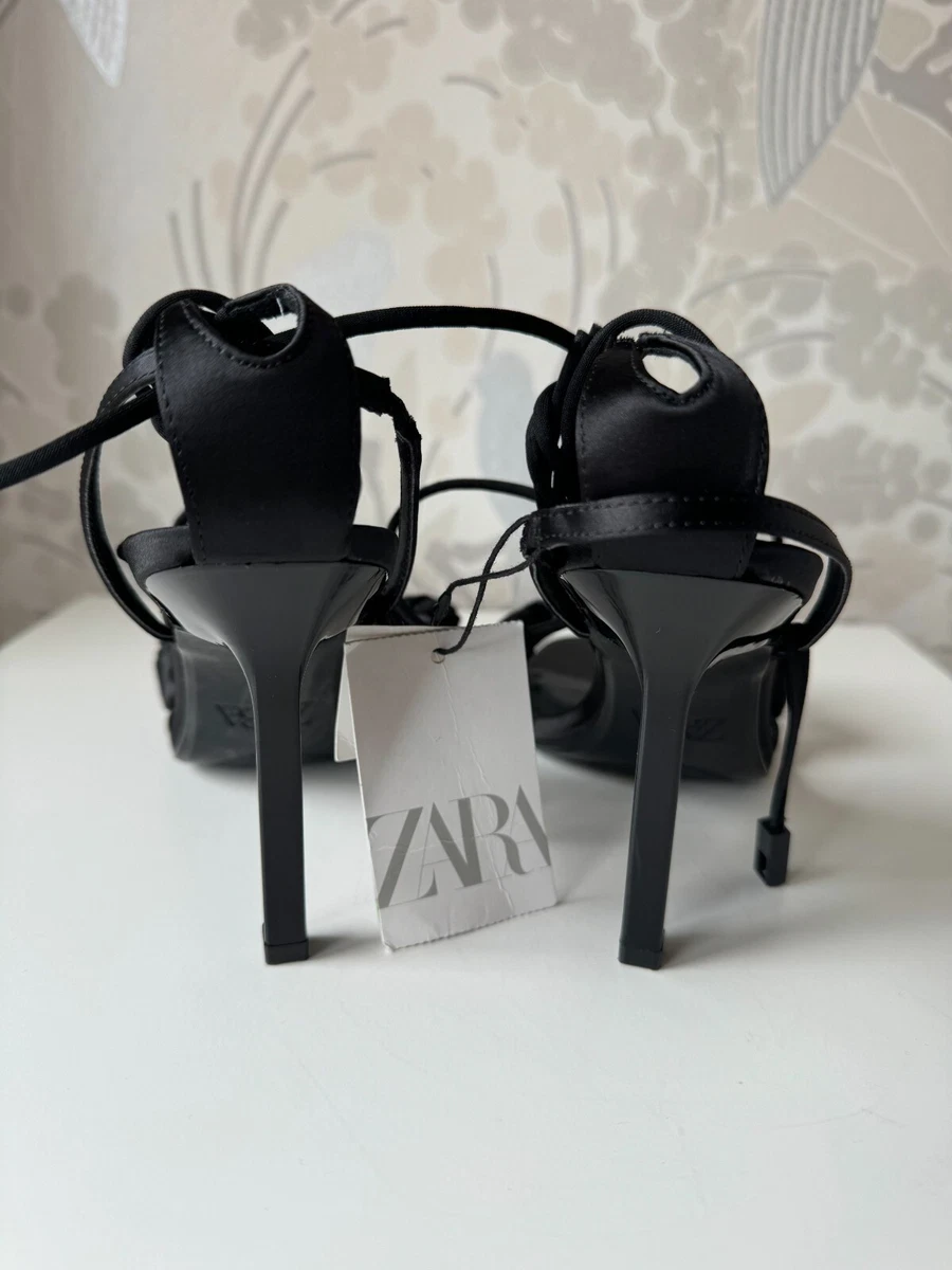 Zara Black Satin Rose Heeled Sandals Size 40