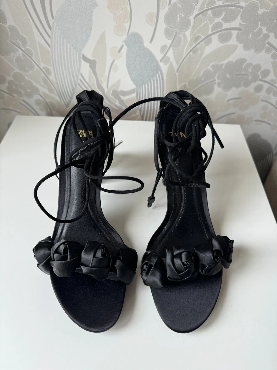 Zara Black Satin Rose Heeled Sandals Size 40 - photo 2